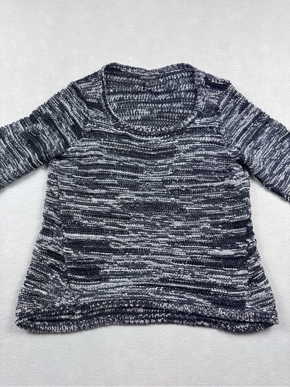 Eileen Fisher Womens XL Black Gray Marled Knit Pullover Sweater Boho 3/4 Sleeve
